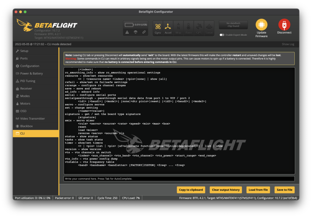 Betaflight command line interface CLI help command