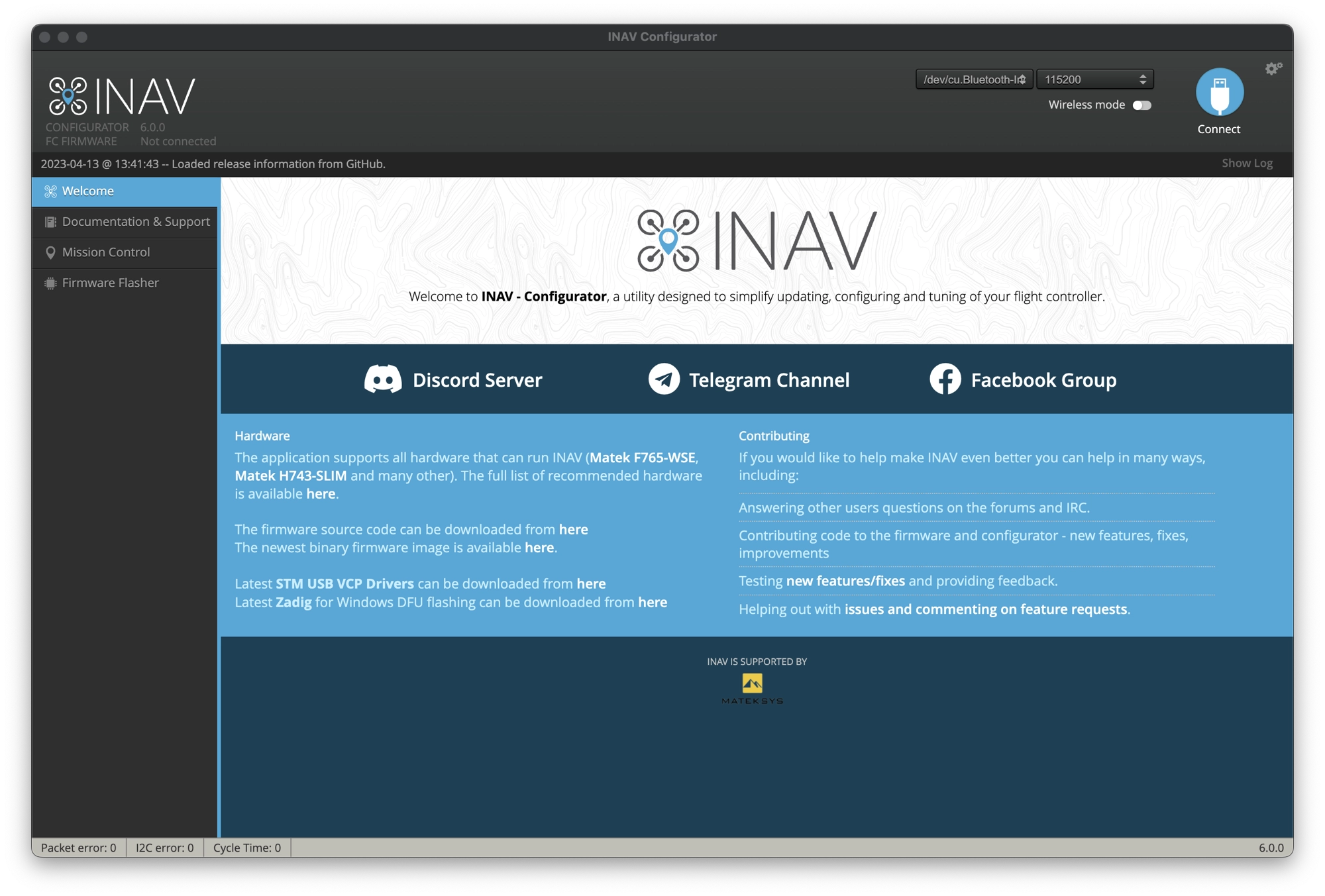 INAV Configurator main screen