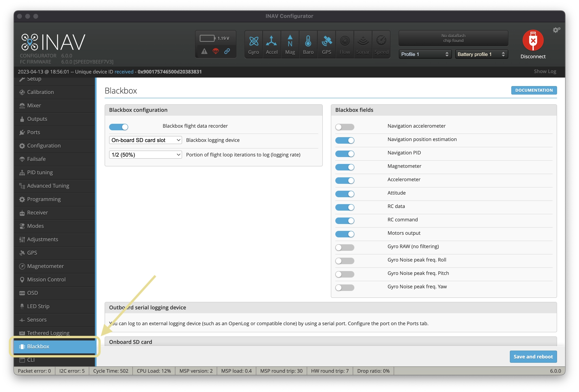 INAV blackbox menu