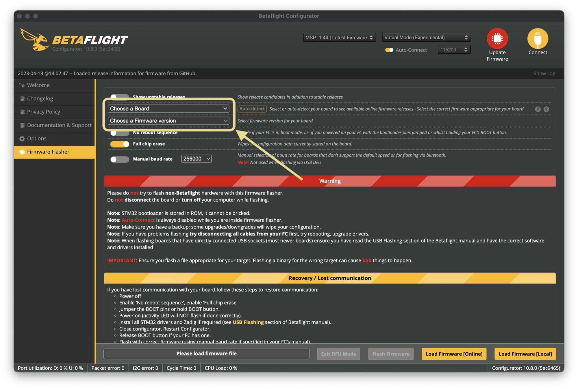 Betaflight choose your flight controller and firmware version