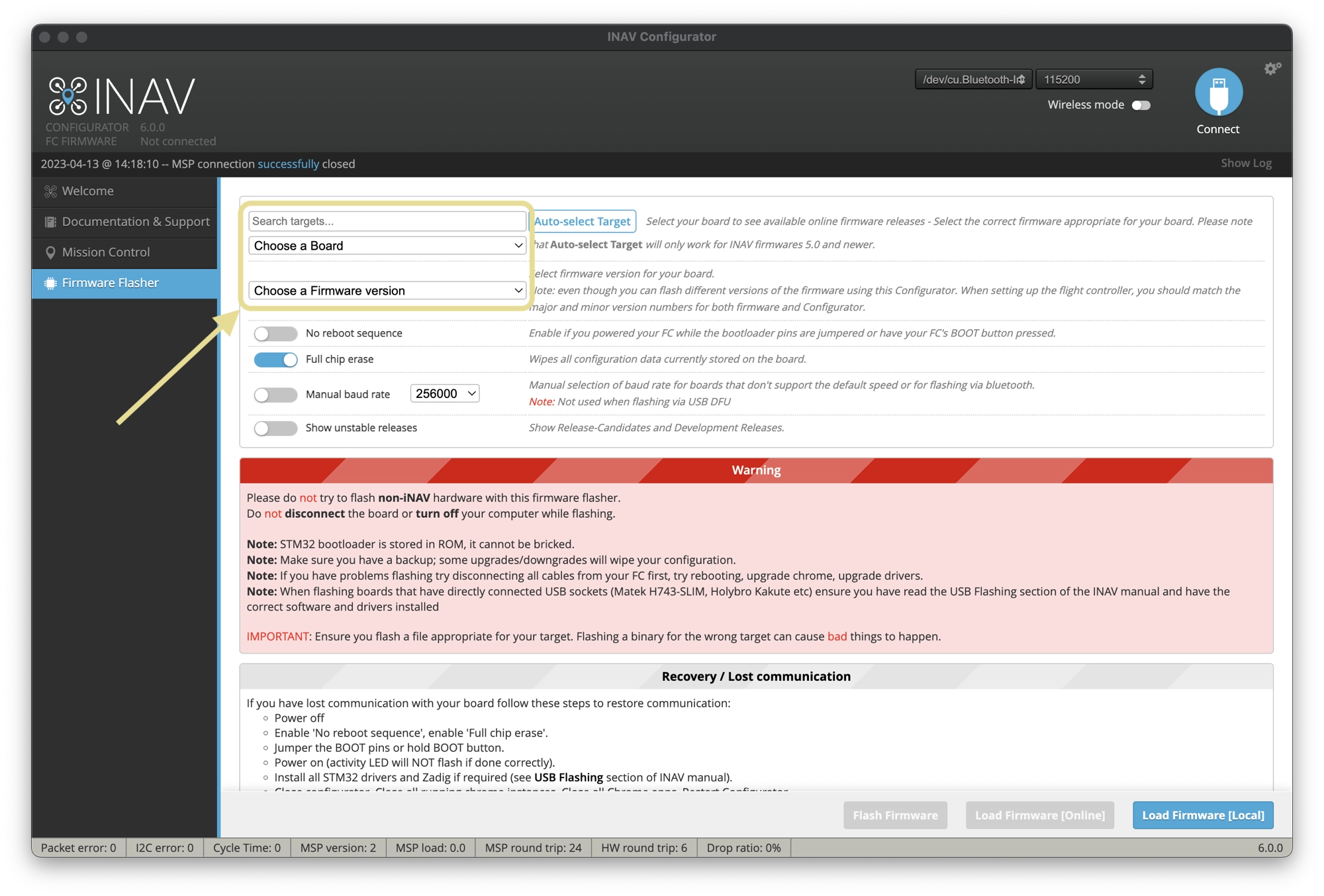 Choos INAV firmware to flash